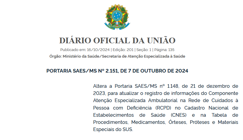 Portaria SAES/MS nº 2.151 de 7 de outubro de 2024 altera regulamentação de reabilitação no SUS